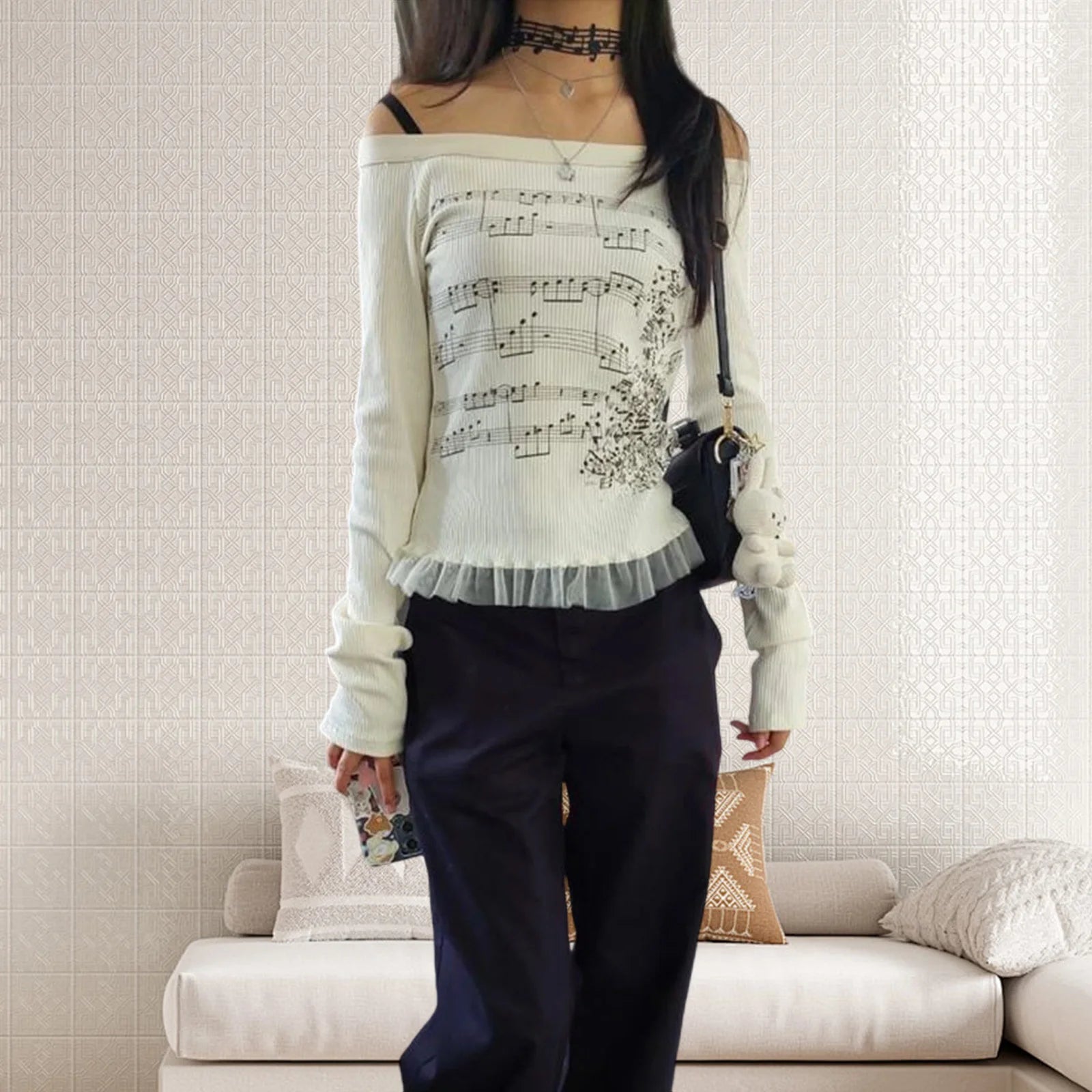 Aria Off-Shoulder Music Note Long Sleeve Top – Ivory