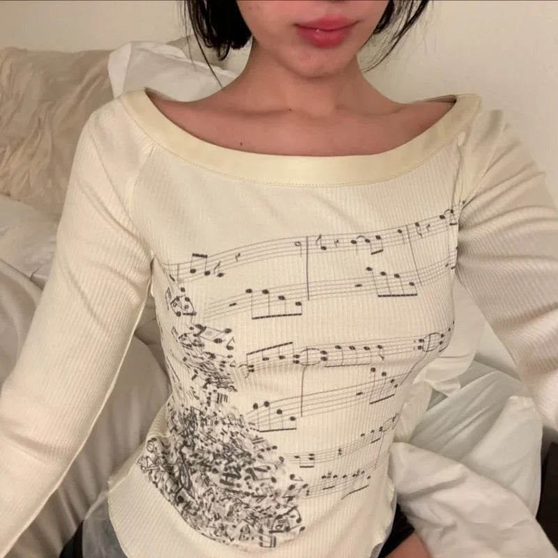 Aria Off-Shoulder Music Note Long Sleeve Top – Ivory