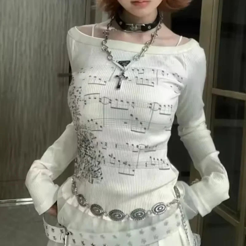 Aria Off-Shoulder Music Note Long Sleeve Top – Ivory