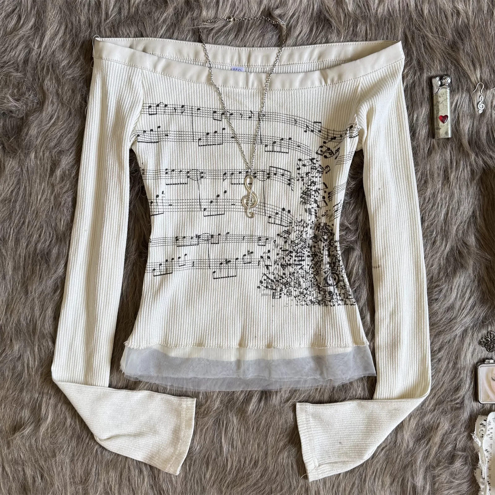Aria Off-Shoulder Music Note Long Sleeve Top – Ivory
